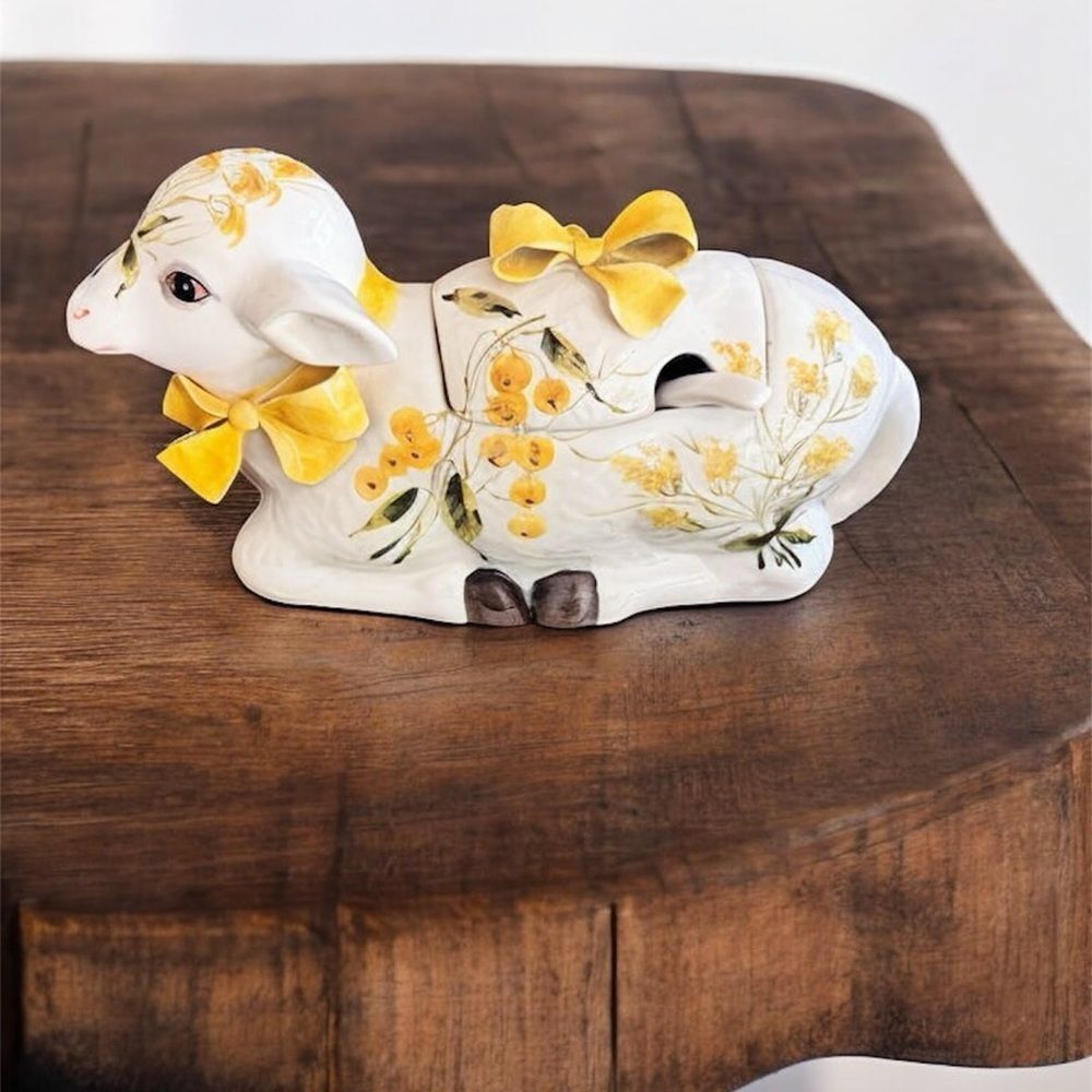 Vintage Italian Lamb Soup Tureen,Spoon Hand-Painted Yellow Mimosa Mid-Century